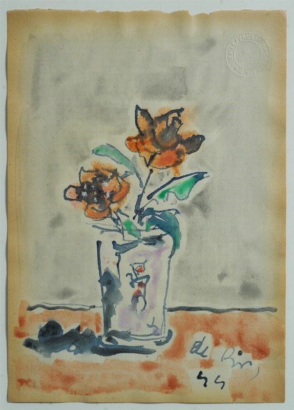 Filippo de Pisis : Vaso con fiori  (1944)  - Inchiostro ed acquerello su carta avorio - Asta ARTE MODERNA E CONTEMPORANEA - III - Galleria Pananti Casa d'Aste