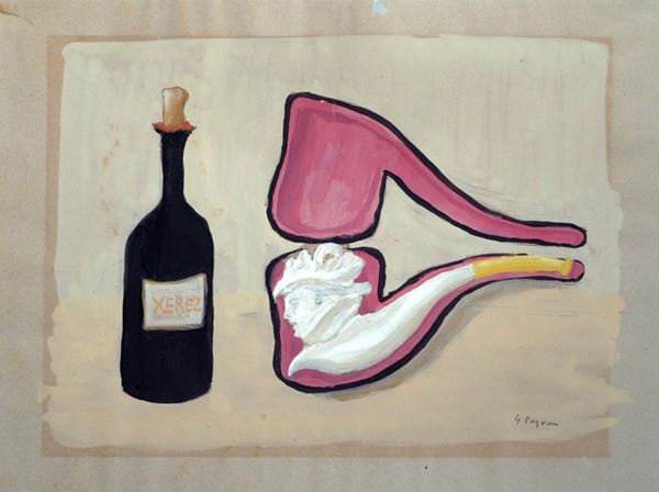 Guido Peyron - Natura morta con bottiglia e pipa