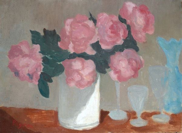 Guido Peyron : Still life with vase of flowers  - Oil on canvas transferred to table, - Auction MODERN  ART - TUSCANY AUTHORS - Galleria Pananti Casa d'Aste