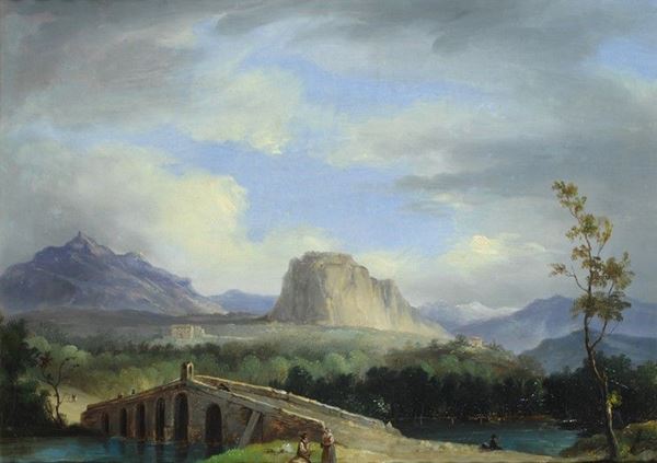 Anonimo, XIX sec. - Paesaggio con ponte