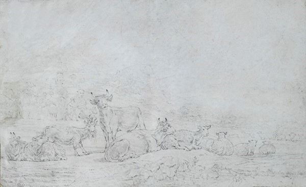 Scuola Olandese, XVIII - XIX sec. : Pascolo  - Matita su carta - Asta ANTIQUARIATO - Galleria Pananti Casa d'Aste