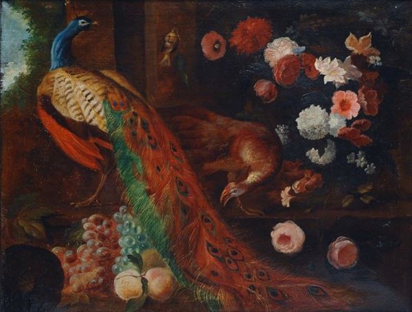 Scuola Olandese, fine XVIII sec. - Natura morta con pavone