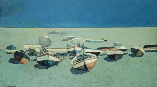 Renzo Vespignani : Barche sulla spiaggia  (1952)  - Olio su tela - Auction Arte moderna e contemporanea - III - Galleria Pananti Casa d'Aste