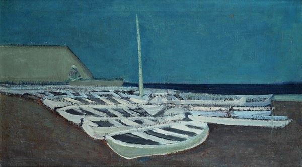 Renzo Vespignani : Barche sulla spiaggia  (1948)  - Olio su tela - Asta Arte moderna e contemporanea - III - Galleria Pananti Casa d'Aste