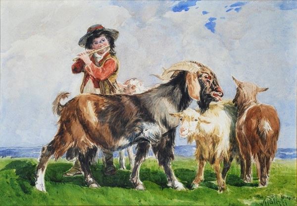 Giuseppe Palizzi : Contadinella con capre  - Acquerello su carta - Auction Autori del XIX e XX sec. - II - Galleria Pananti Casa d'Aste