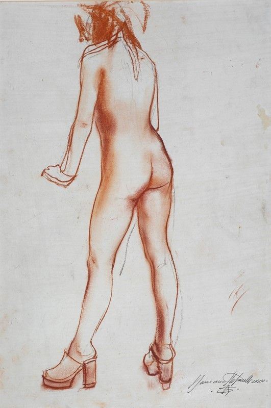 Romano Stefanelli : Nudo di spalle  (1974)  - Sanguigna su carta - Asta ARTE MODERNA E CONTEMPORANEA - Galleria Pananti Casa d'Aste