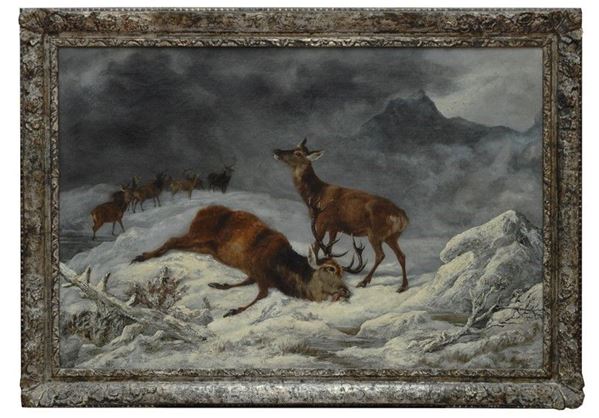 Scuola Inglese, XIX sec. - Paesaggio innevato con cervi