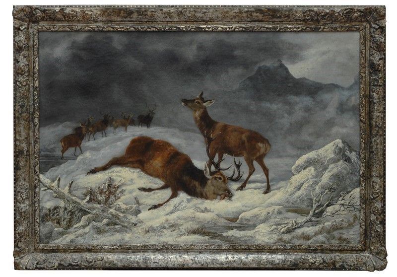 Scuola Inglese, XIX Sec. - Paesaggio Innevato con Cervi