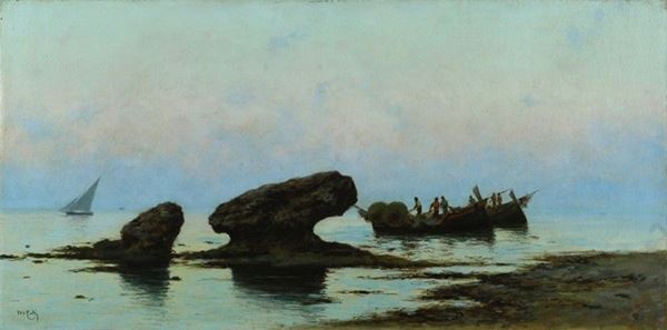 Michele Catti : Barche al tramonto  - Olio su tela - Asta Autori del XIX e XX sec. - II - Galleria Pananti Casa d'Aste