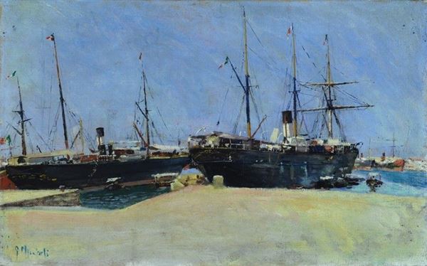Guglielmo Micheli : All'attracco  - Olio su tela - Auction Autori del XIX e XX sec. - II - Galleria Pananti Casa d'Aste