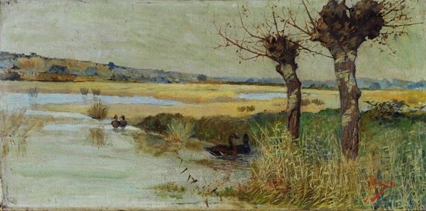 Guglielmo Micheli : Paesaggio lacustre  (1891)  - Olio su tela - Auction Autori del XIX e XX sec. - II - Galleria Pananti Casa d'Aste
