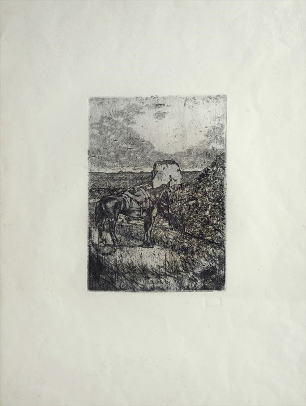 Giovanni Fattori : Paesaggio con cavallo  - Acquaforte su zinco  - Auction Autori del XIX e XX sec. - II - Galleria Pananti Casa d'Aste