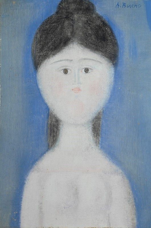 Antonio Bueno : Ritratto su sfondo blu  - Olio su faesite - Asta Arte moderna e contemporanea - III - Galleria Pananti Casa d'Aste