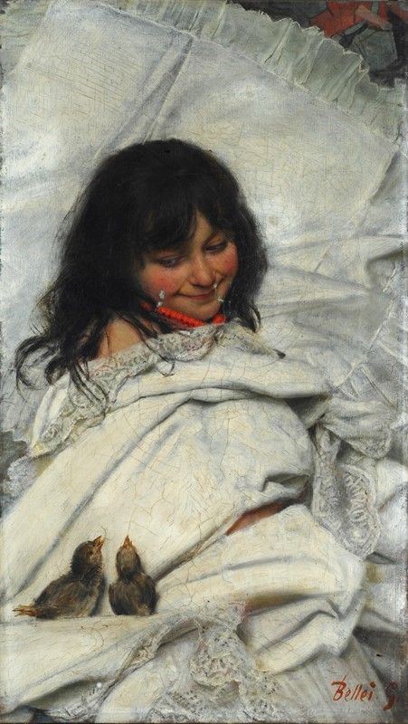Gaetano Bellei - Bambina al Risveglio con Uccellini