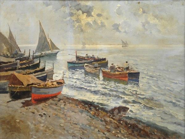 Scuola Napoletana, fine XIX sec. : Barche di pescatori  - Olio su compensato - Auction Autori del XIX e XX sec. - II - Galleria Pananti Casa d'Aste
