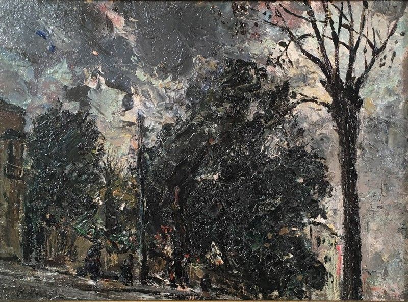 Attilio Pratella - Paesaggio con Case Figure e Alberi