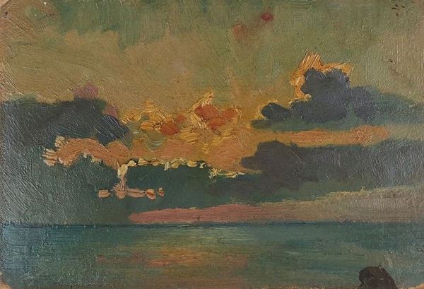 Cafiero Filippelli : Marina  - Olio su cartone - Asta ASTA FUORI ASTA - Gioielli, Disegni e dipinti antichi, del XIX sec, del XX sec. e Contemporanei - Galleria Pananti Casa d'Aste