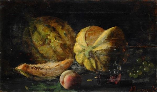 Angiolino Romagnoli : Natura morta con meloni  - Olio su tavola - Asta AUTORI DEL XIX E XX SEC - II - Galleria Pananti Casa d'Aste