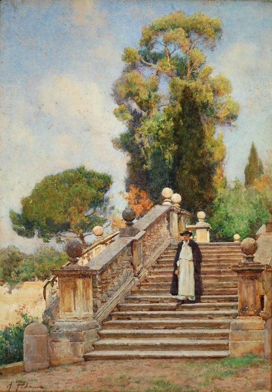 Alberto Pisa : In villa  - Acquerello su cartone - Asta AUTORI DEL XIX E XX SEC - II - Galleria Pananti Casa d'Aste
