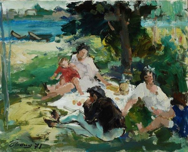 Francesco Bausi : Colazione a riva d'Arno  (1971)  - Olio su tela - Asta ARTE MODERNA E CONTEMPORANEA - Galleria Pananti Casa d'Aste
