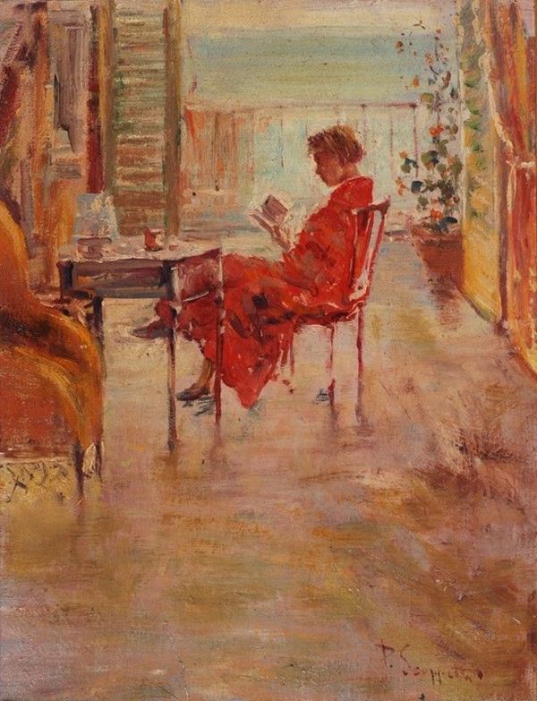 Pietro Scoppetta : Donna che legge  - Olio su tela riportata su cartoncino - Auction AUTORI DEL XIX E XX SEC - II - Galleria Pananti Casa d'Aste