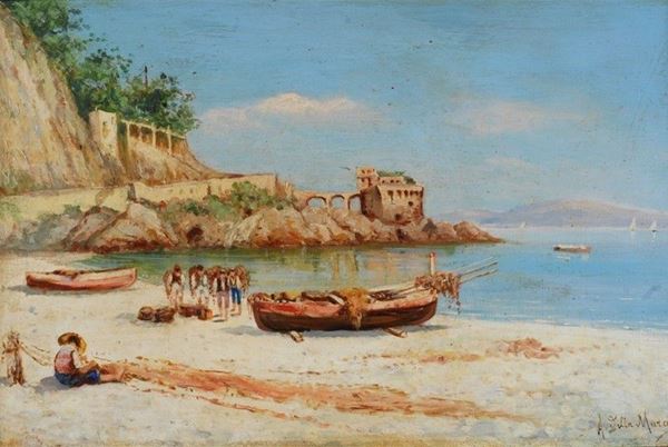 Angelo Delle Mura : Spiaggia a Maiori  - Olio su tavola - Asta AUTORI DEL XIX E XX SEC - II - Galleria Pananti Casa d'Aste