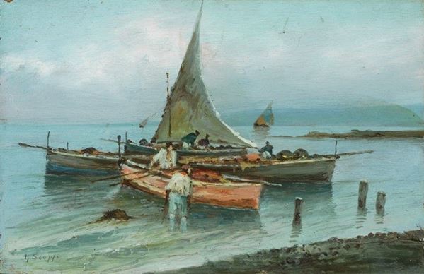 Radames Scoppa : Barche di pescatori  - Olio su compensato - Auction AUTORI DEL XIX E XX SEC - II - Galleria Pananti Casa d'Aste