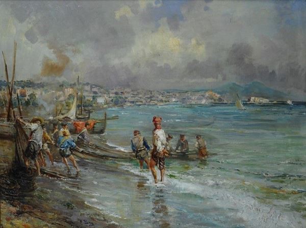 Giovanni Panza : Pescatori a riva  - Olio su tela - Auction AUTORI DEL XIX E XX SEC - II - Galleria Pananti Casa d'Aste