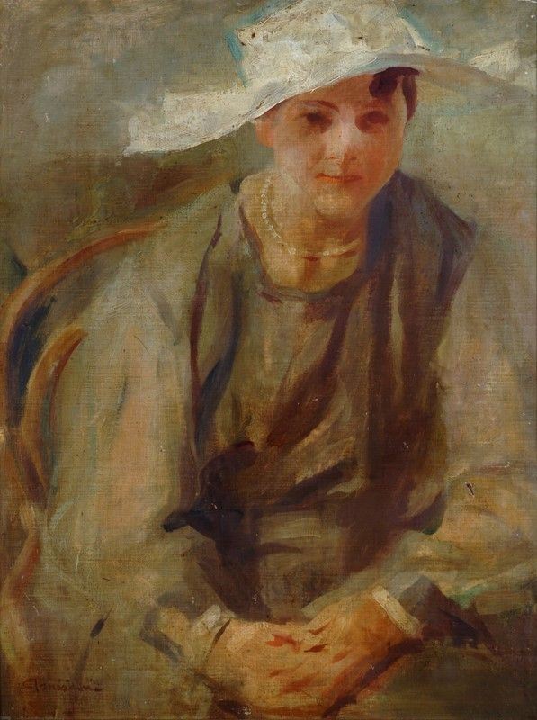 Giuseppe Amisani : Donna con cappello  - Olio su tela riportata su cartone - Auction AUTORI DEL XIX E XX SEC - II - Galleria Pananti Casa d'Aste