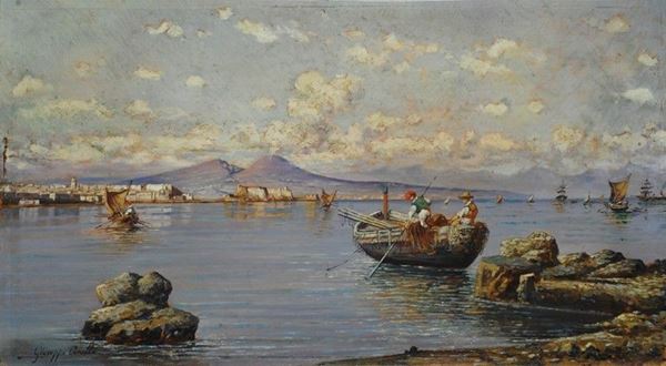 Giuseppe Carelli : Pescatori nel golfo di Napoli  - Olio su tavola - Asta AUTORI DEL XIX E XX SEC - II - Galleria Pananti Casa d'Aste