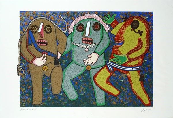 Enrico Baj : Tre personaggi  - Tecnica mista su carta - Asta ARTE MODERNA E CONTEMPORANEA - Galleria Pananti Casa d'Aste