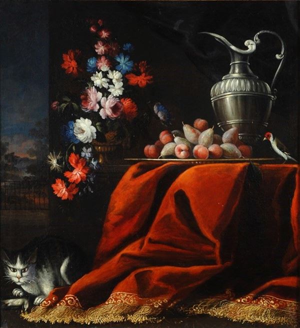 Scuola Italia Settentrionale, XVII sec. - Natura morta con frutta, fiori, brocca e gatto
