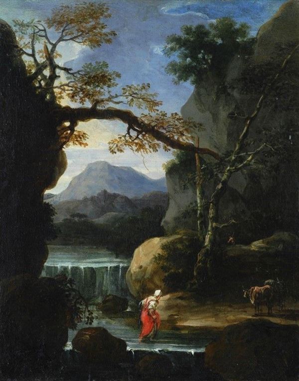 Attr. a Bartolomeo Torreggiani - Paesaggio fluviale con figura e armenti