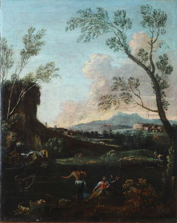 Antonio Diziani - Paesaggio fluviale con figure