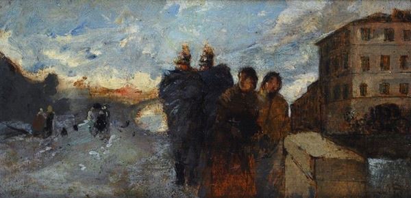 Mos&#232; Bianchi : Periferia milanese lungo il Naviglio  - Olio su tavola - Asta AUTORI DEL XIX E XX SEC - II - Galleria Pananti Casa d'Aste
