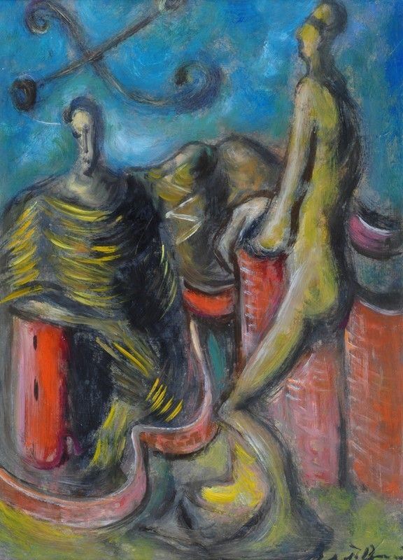 Roberto Barni : Racconto dechirichiano  (1982)  - Olio su cartone - Auction ARTE MODERNA E CONTEMPORANEA - III - Galleria Pananti Casa d'Aste