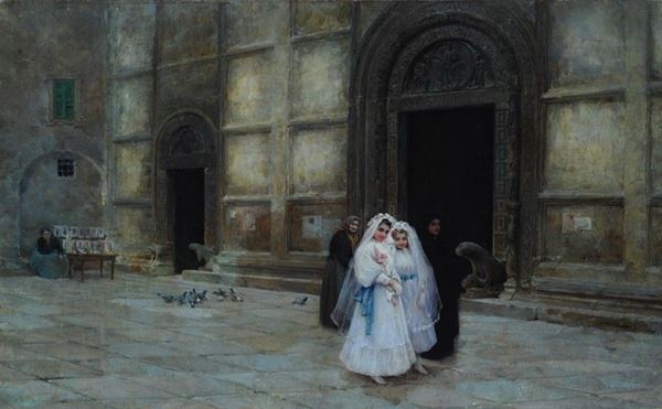Alfredo D' Andrade : Giorno di comunione  - Olio su tela - Auction AUTORI DEL XIX E XX SEC - II - Galleria Pananti Casa d'Aste