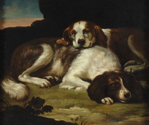 Scuola Olandese, XVIII sec. : Cani da caccia a riposo  - Olio su tela - Asta ANTIQUARIATO, DIPINTI E OGGETTI D'ARREDO - Galleria Pananti Casa d'Aste