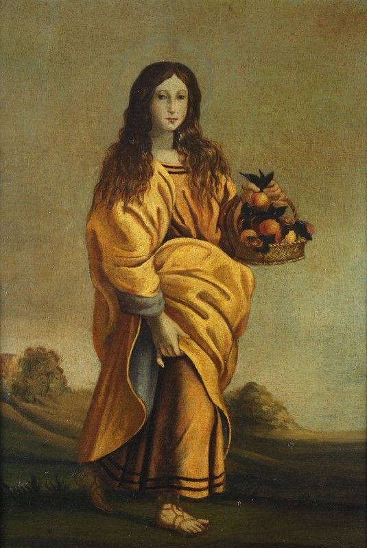 Scuola Spagnola, XVII sec. - Figura femminile con cesto di frutta