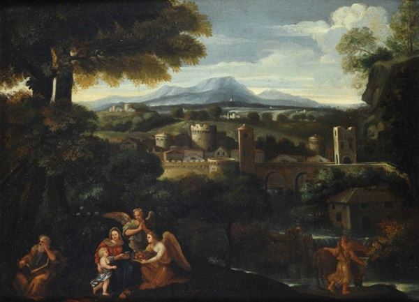 Scuola Emiliana, XVII sec. - Paesaggio con la fuga in Egitto