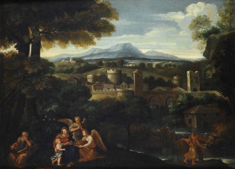 Scuola Emiliana, XVII Sec. - Paesaggio con la Fuga in Egitto