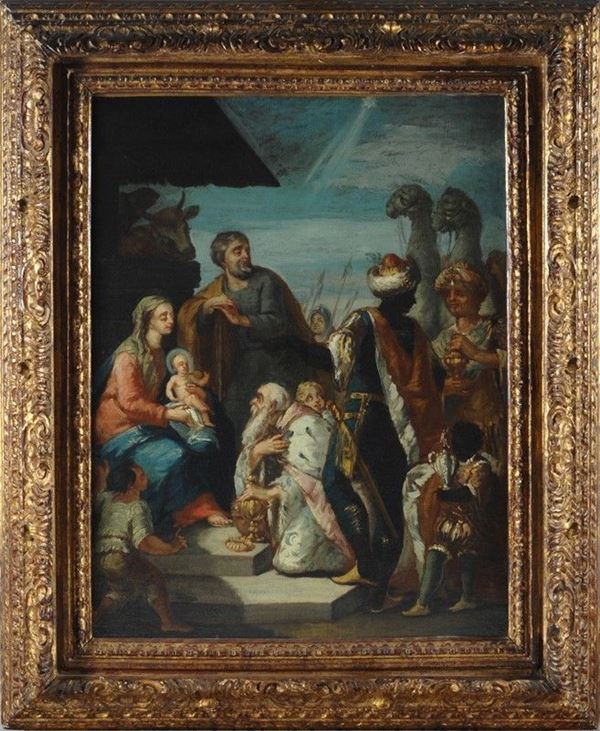 Scuola Veneta, XVIII sec. : Adorazione dei Magi  - Olio su tela - Asta ANTIQUARIATO - I - Galleria Pananti Casa d'Aste