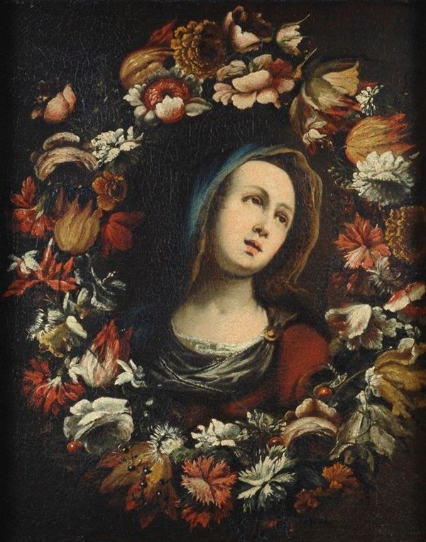 Scuola Emiliana, XVII sec. - Figura di Santa con corona di fiori