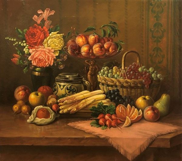 Anonimo, inizi XX sec. - Natura morta con frutta e fiori