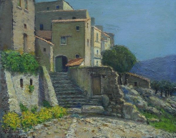 Raffaele Fossataro - Scorcio di paese (fronte); Fiori (retro)