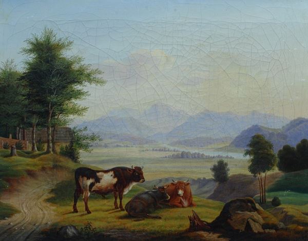 Scuola Europea, inizi XIX sec. - Paesaggio con mucche