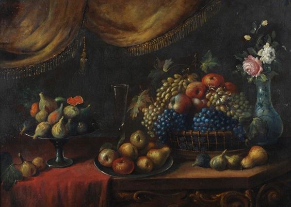 Scuola Italia Settentrionale, XVIII sec. - Natura morta con alzata di frutta