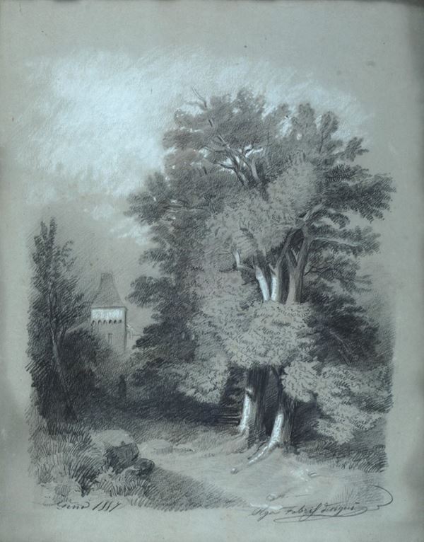 Scuola Italiana, XIX sec. : Paesaggio  (1887)  - Matita e gessetto su carta - Asta ANTIQUARIATO - Galleria Pananti Casa d'Aste