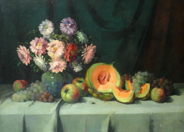 Anonimo, XIX - XX sec. - Natura morta con fiori e frutta