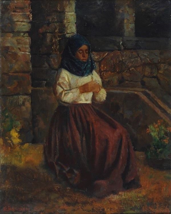 Gian Rito Baccarini : Donna seduta con costume tradizionale  - Olio su cartone - Asta AUTORI DEL XIX E XX SEC - II - Galleria Pananti Casa d'Aste